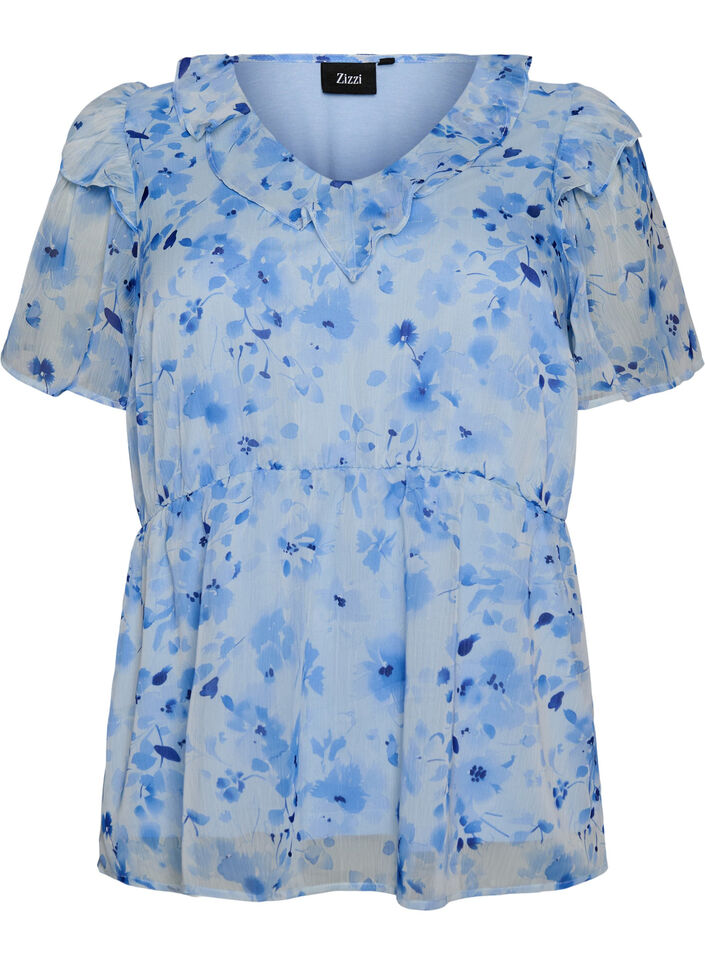 Blouse fleurie avec col &agrave; volants et effet peplum, Bleu, Packshot image number 0