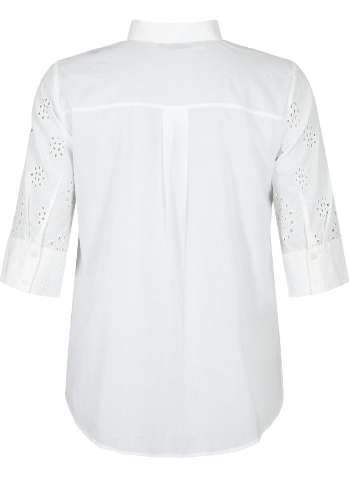 Chemisier avec broderie anglaise et manches 3/4, Bright White, Packshot image number 1