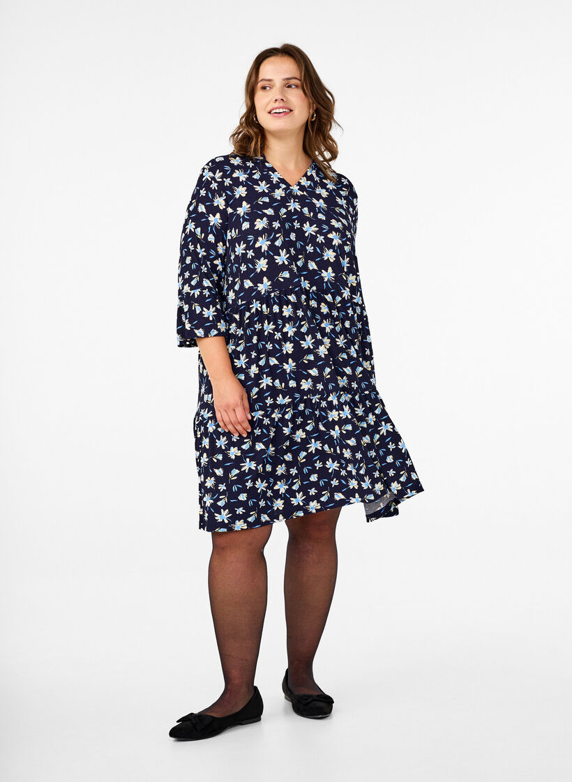 Robe courte évasée à imprimé floral, Bleu, Model image number 1