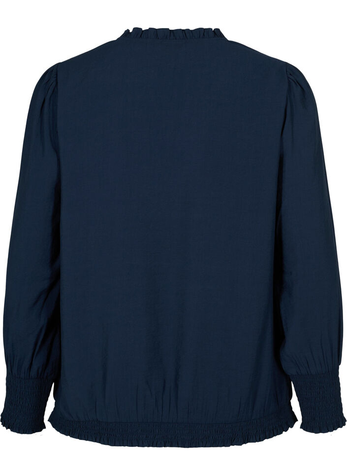 Blouse en viscose à manches longues et à smocks, Navy Blazer, Packshot image number 1