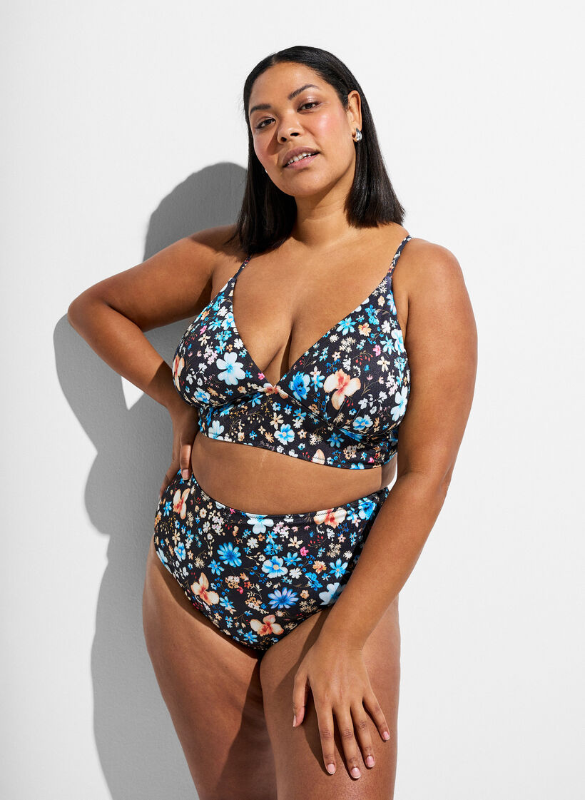 Haut de bikini &agrave; imprim&eacute; floral avec liens &agrave; nouer dans le dos, Bleu, Model image number 0