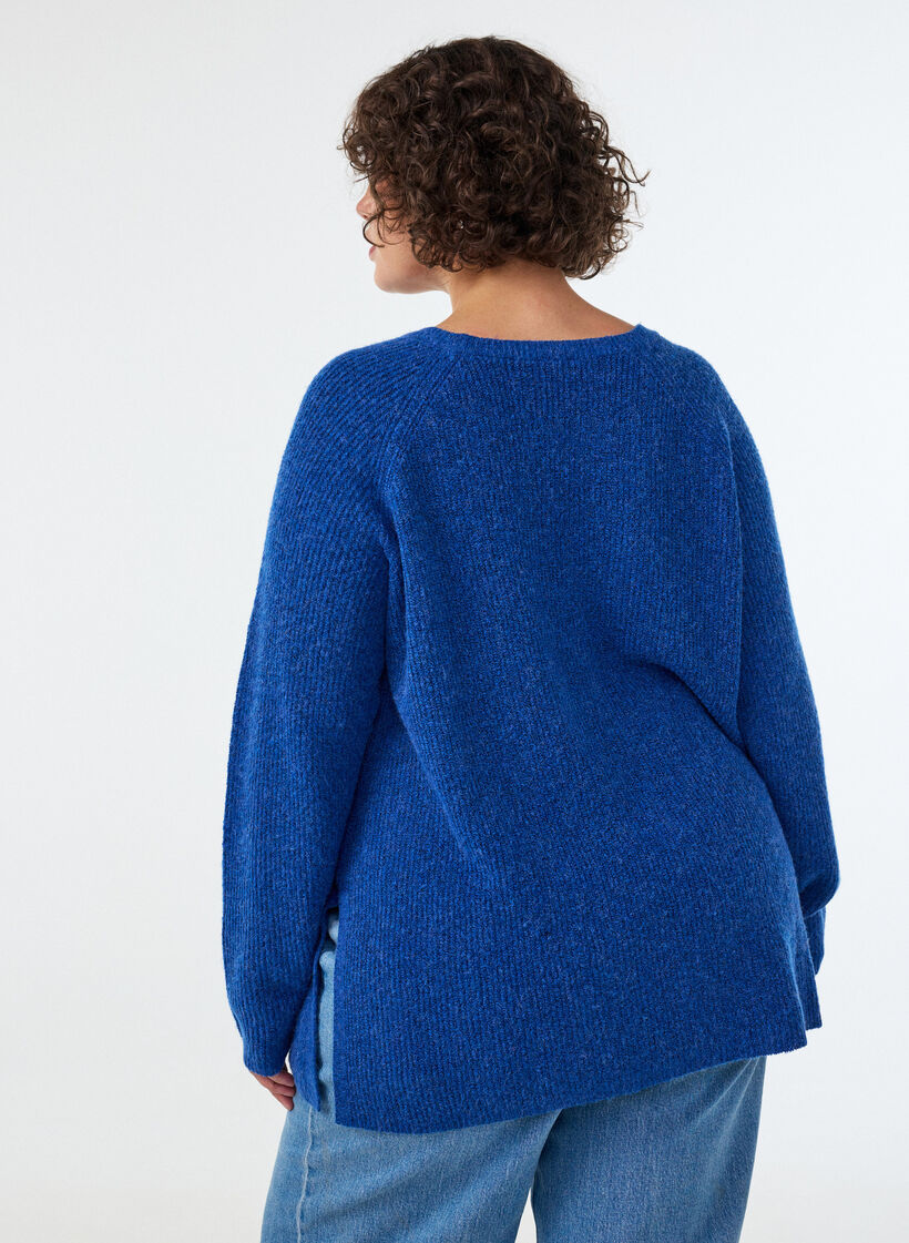 Pull en maille avec motif diagonal et manches raglan, Bleu, Model image number 2