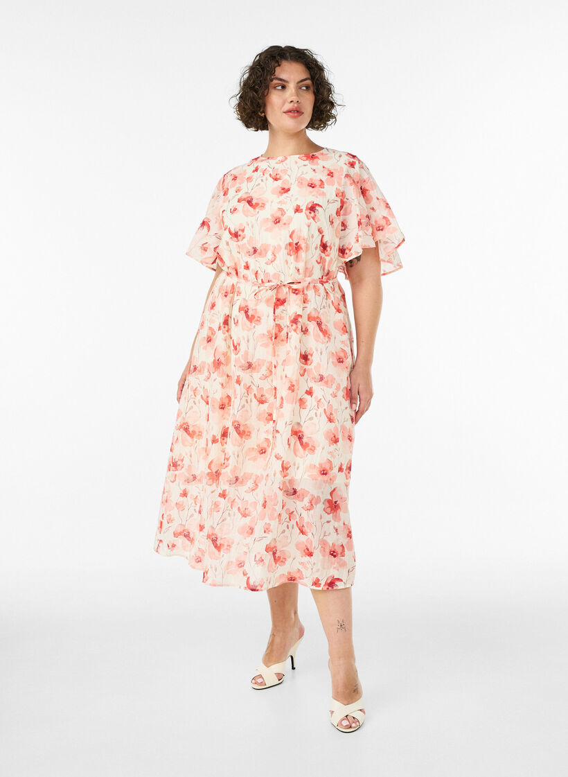 Robe longue avec manches papillon et taille &agrave; nouer, Rose, Model image number 0