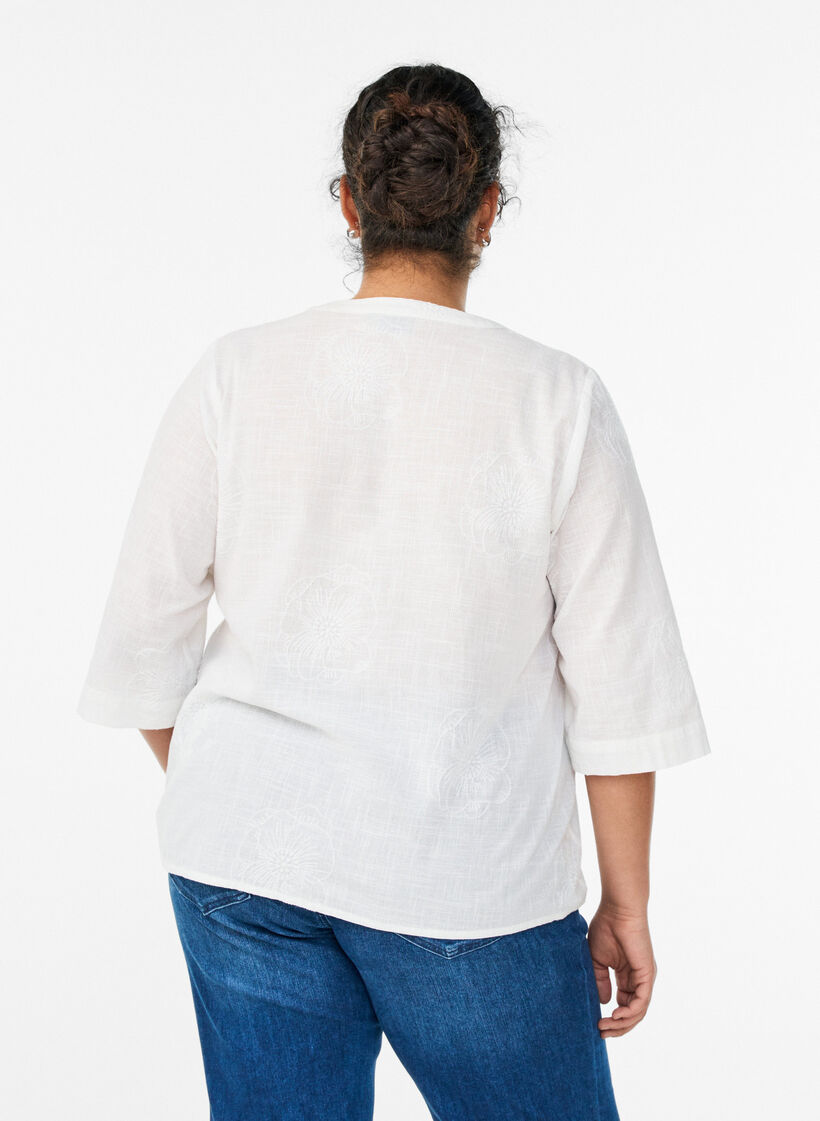 Blouse en coton avec d&eacute;tails brod&eacute;s et manches 3/4, Blanc, Model image number 2