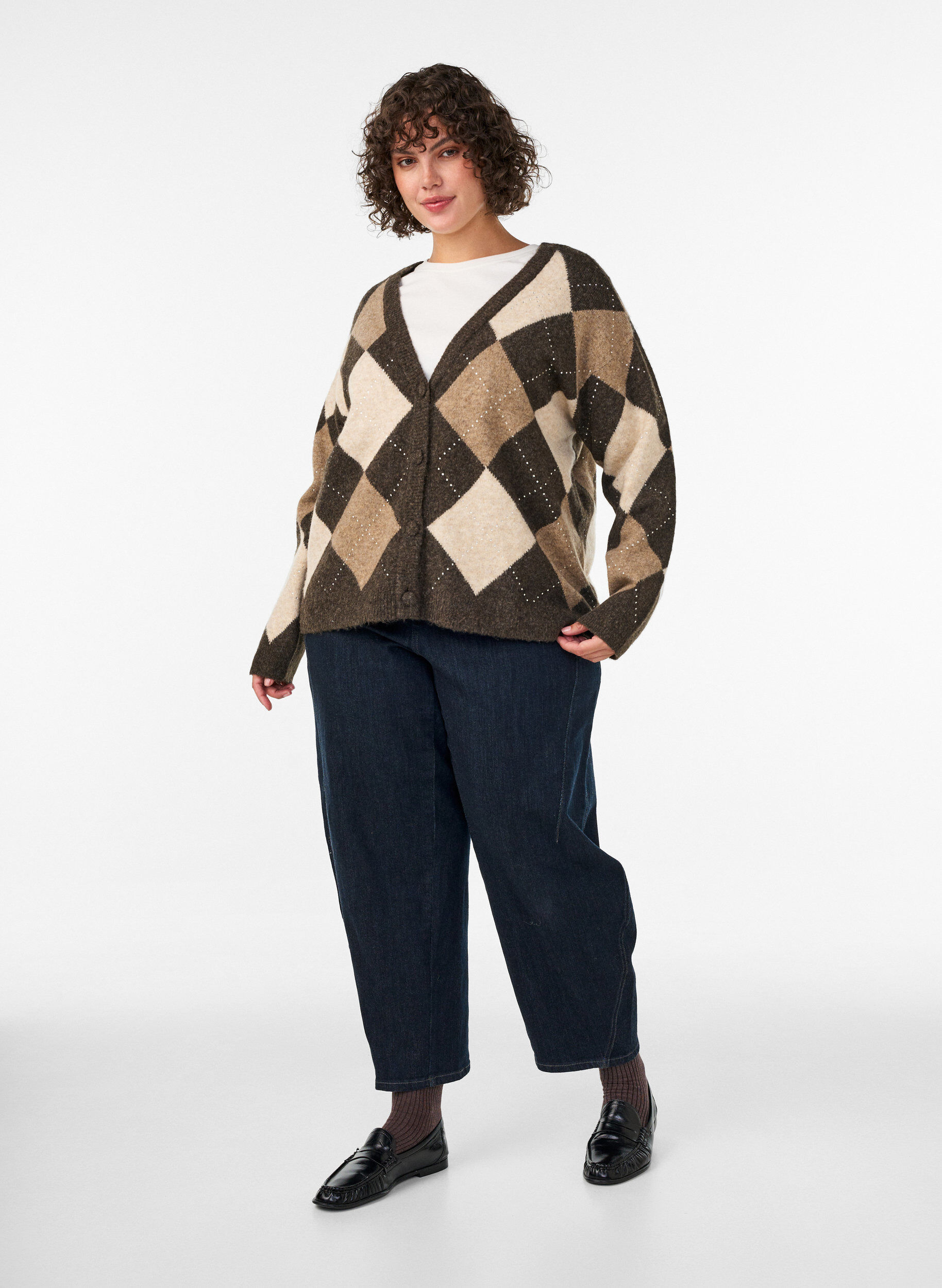 ZizziCardigan argyle avec strass, Marron, Model image number 1