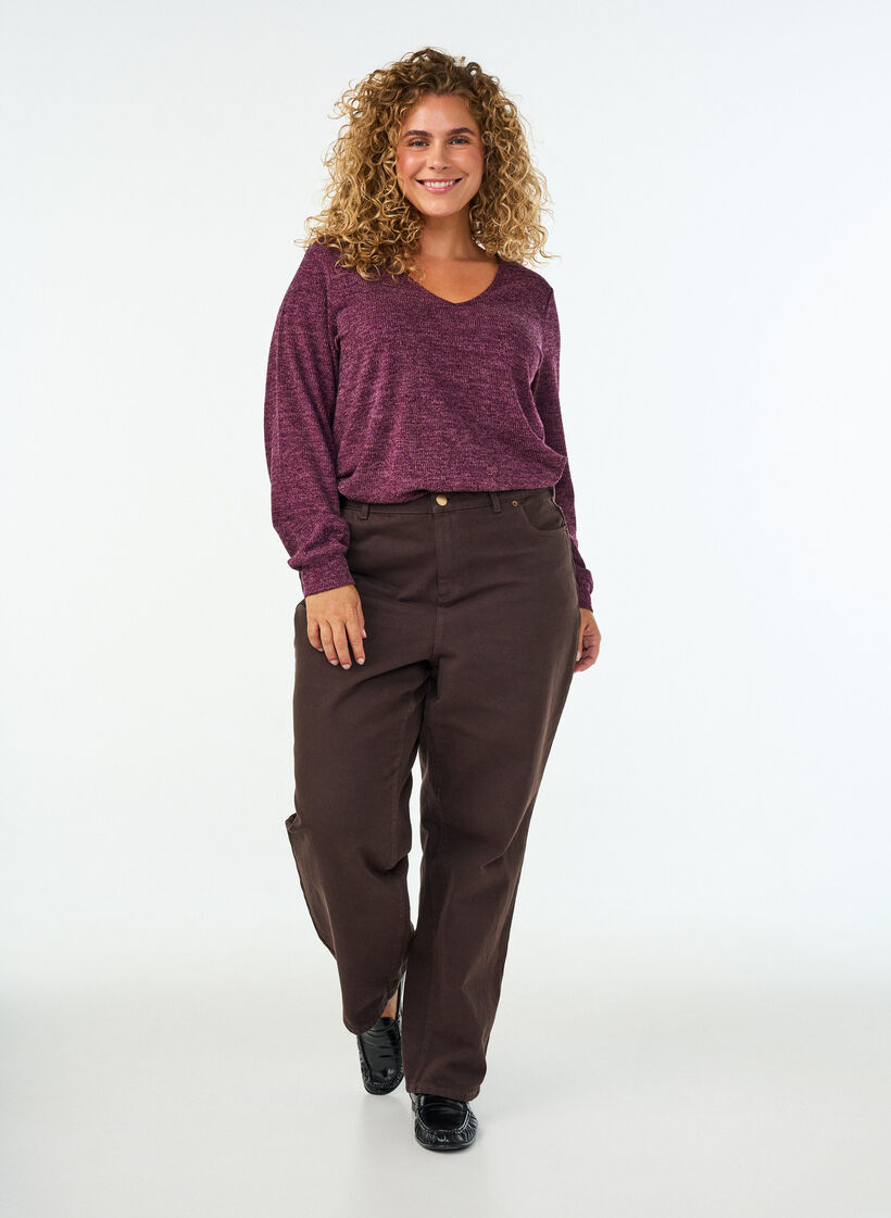 Blouse en jersey avec col en V et manches longues, Bordeaux fonc&eacute;, Model image number 1