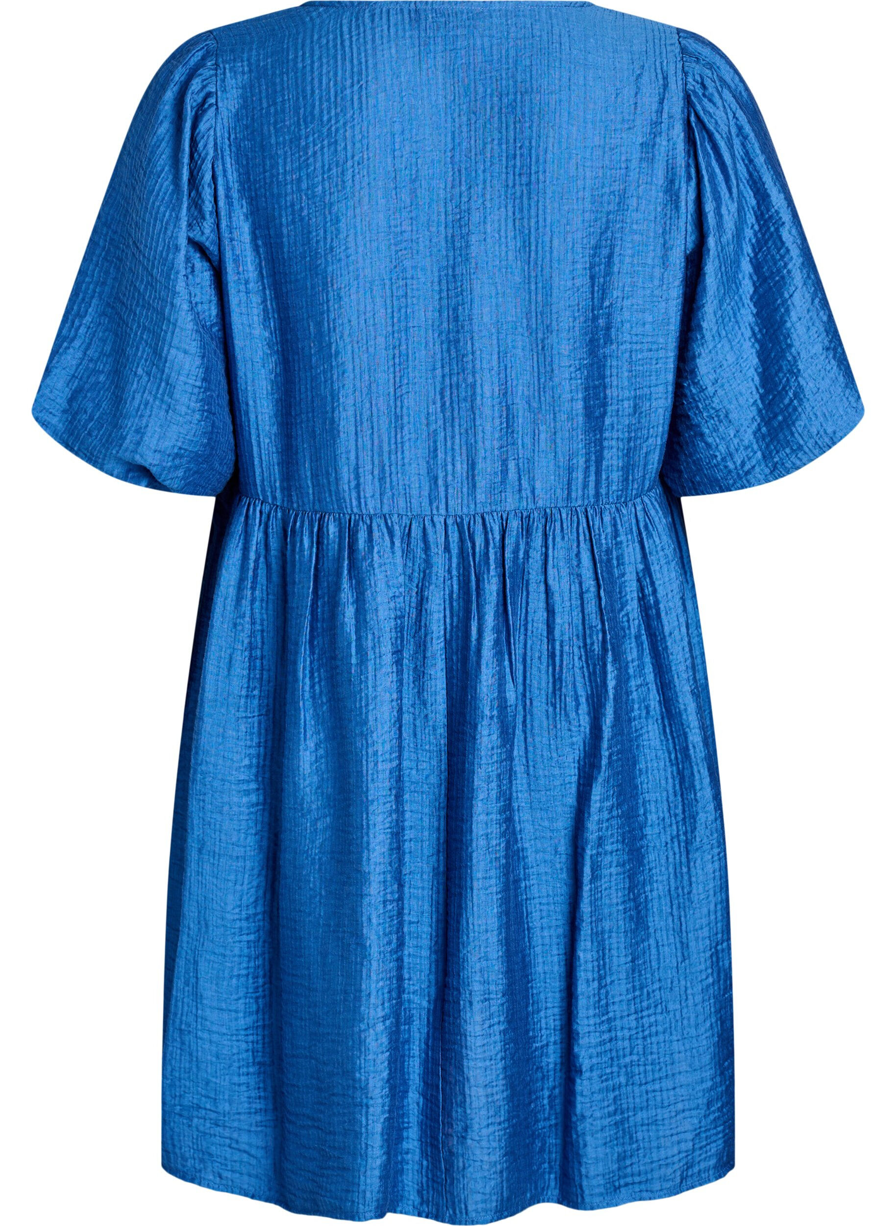 Zizzi Robe courte textur&eacute;e &agrave; manches courtes bouffantes, Bleu, Packshot image number 1