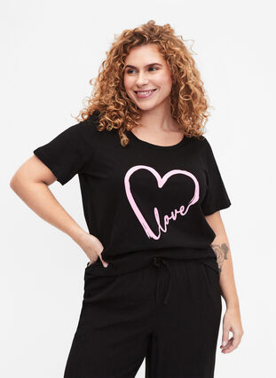 T-shirt en coton à col ras du cou avec impression, Black W. Heart L., Model image number 0