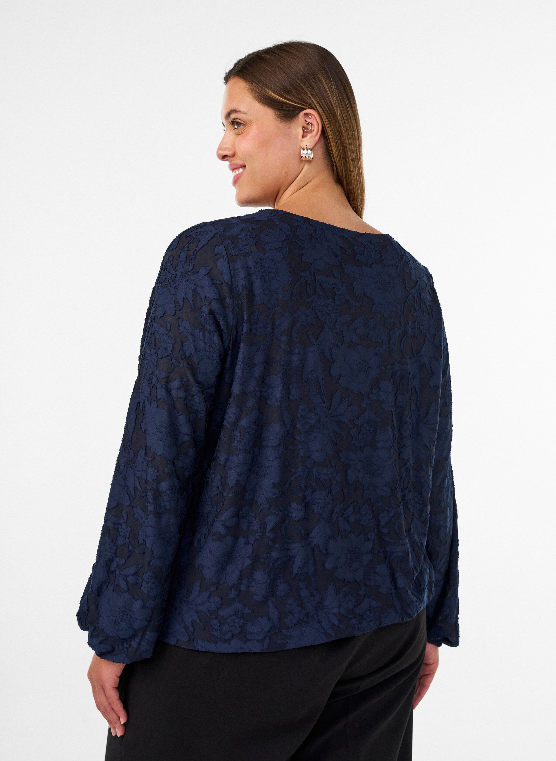 ZizziBlouse transparente avec texture florale et manches longues, Bleu, Model image number 2