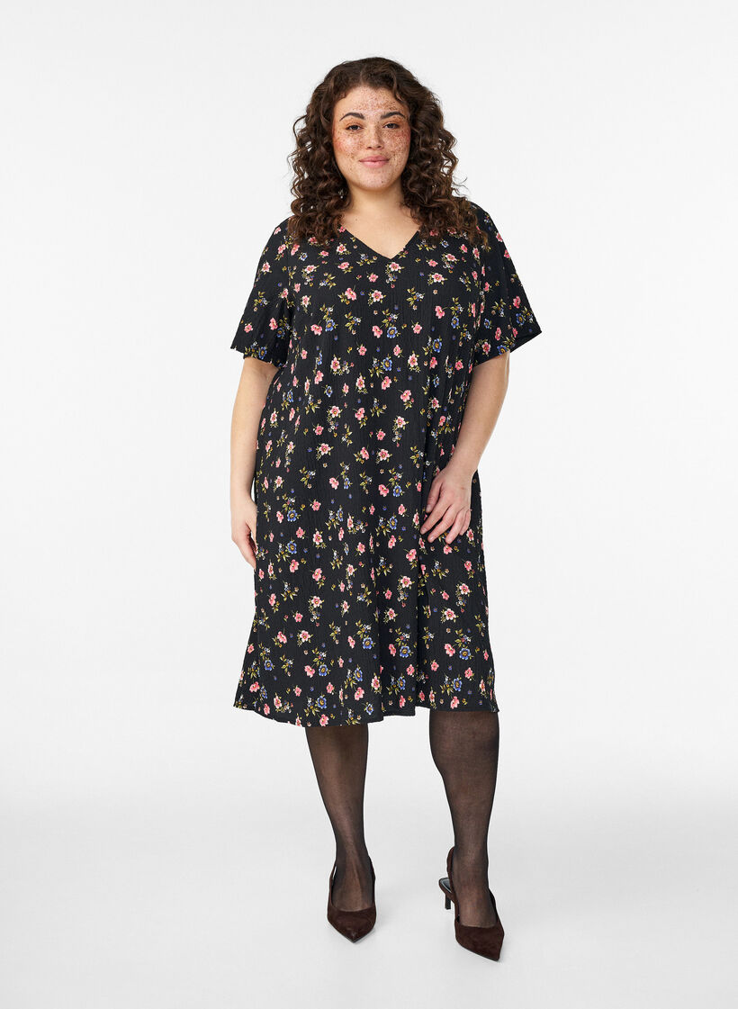 Robe &agrave; manches courtes avec col en V, Noir, Model image number 0
