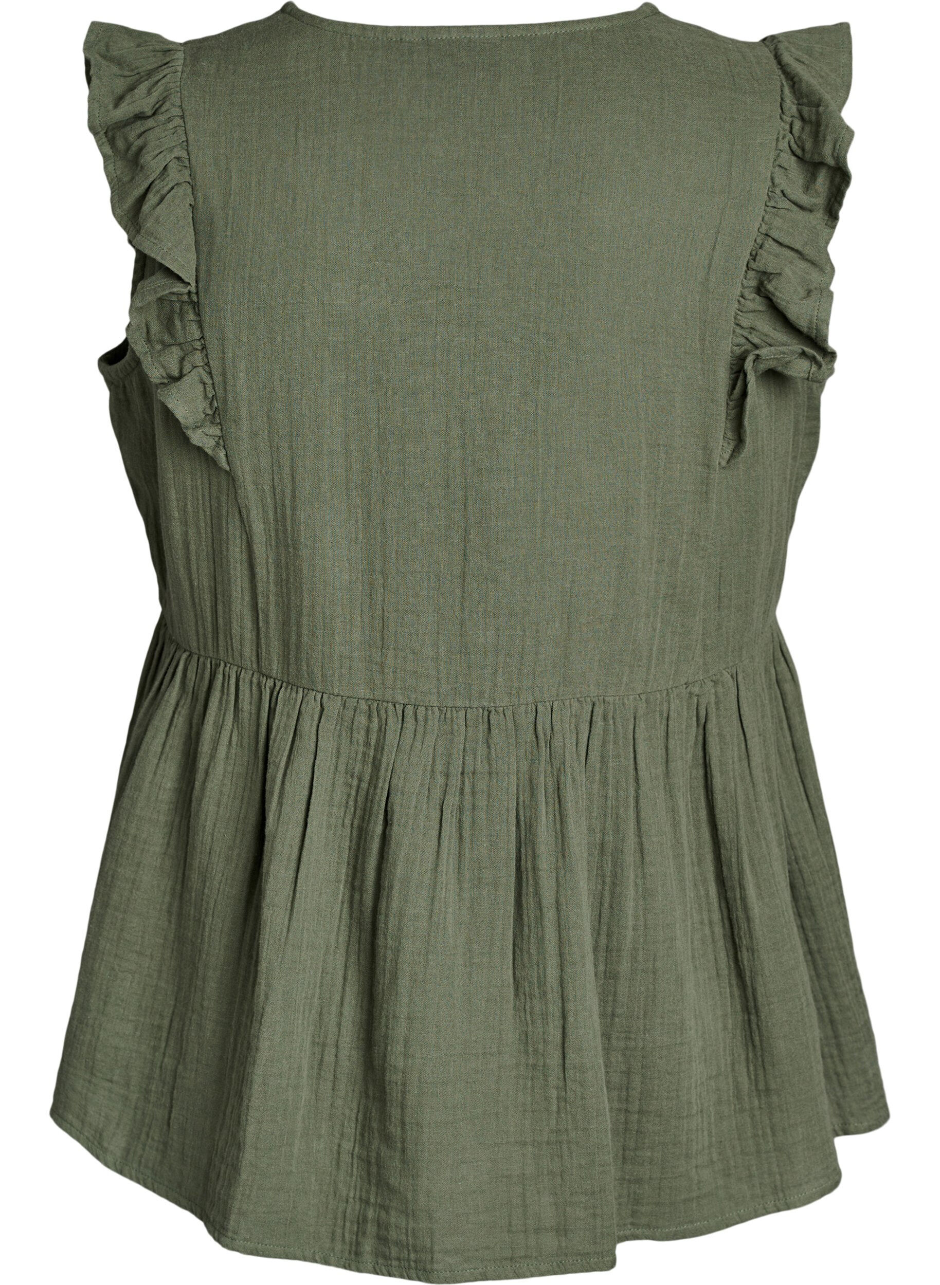 ZizziBlouse sans manches en mousseline de coton avec volants, Vert, Packshot image number 1