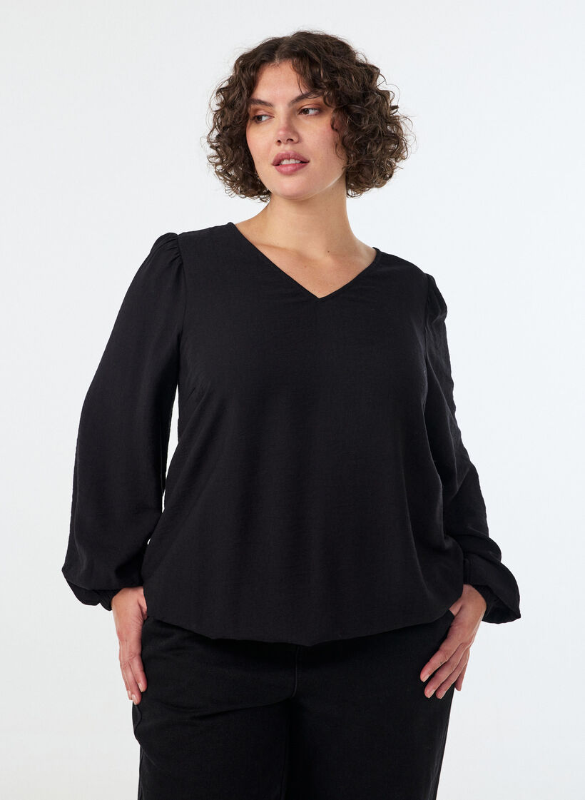 Blouse en viscose &agrave; col V et coupe ballon, Noir, Model image number 0