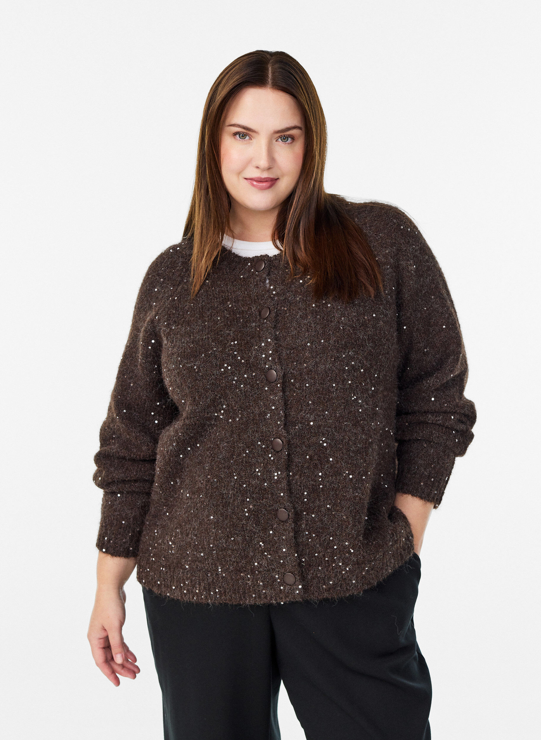 Cardigan en maille avec sequins, Marron, Model