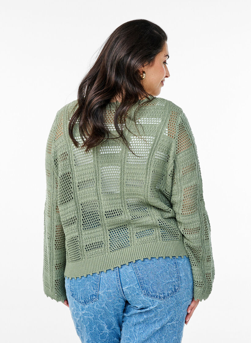 Cardigan en maille avec liens et motifs ajourés, Vert clair, Model image number 2