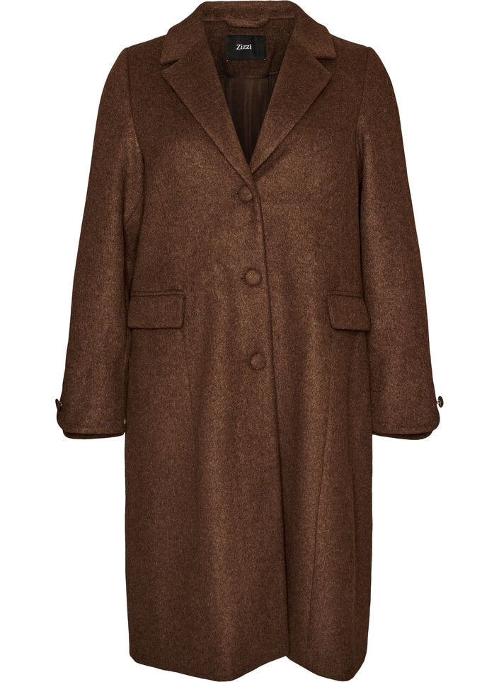 Manteau en m&eacute;lange de laine avec revers et boutons, Marron, Packshot image number 0
