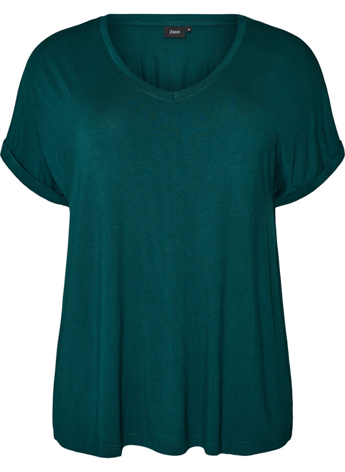 Basic T-shirt col V en viscose, Vert fonc&eacute;, Packshot image number 0