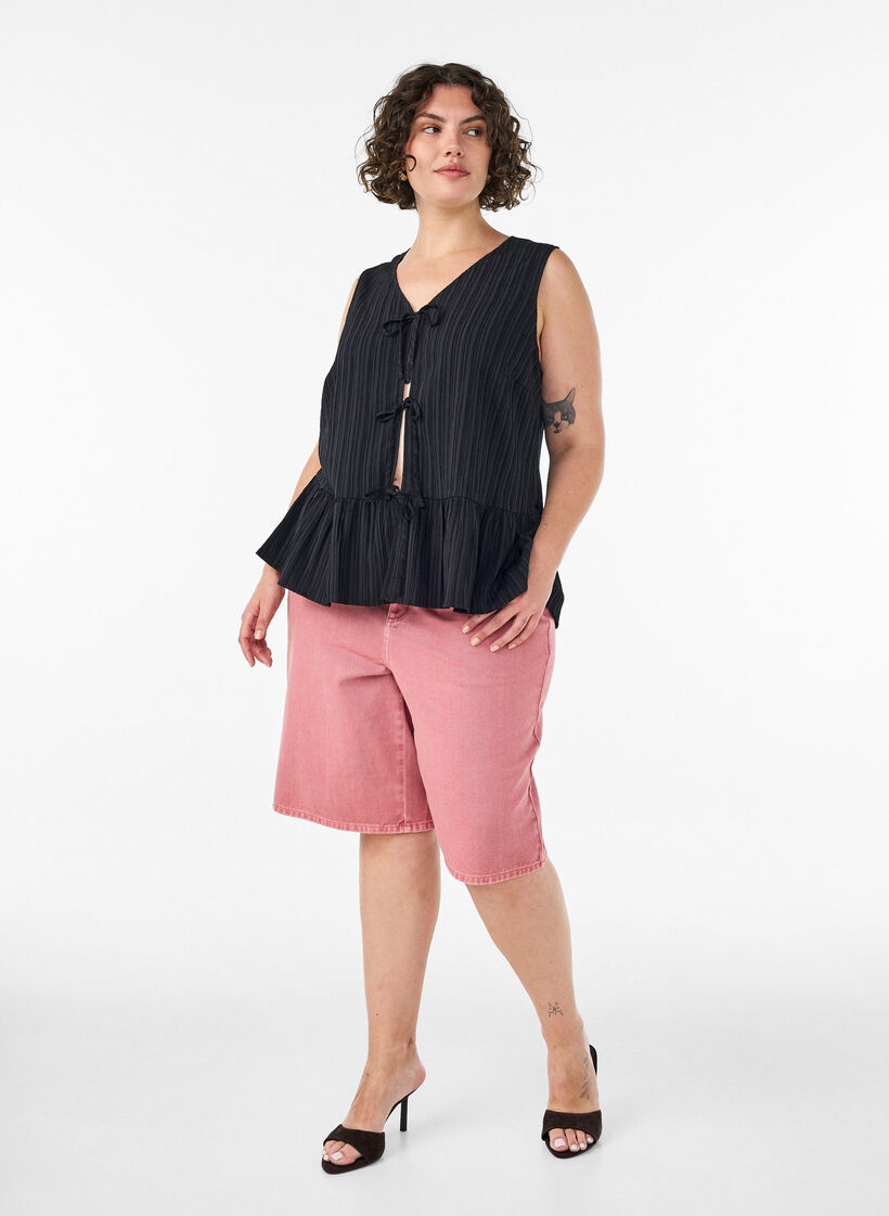 Blouse sans manches textur&eacute;e avec lien &agrave; nouer, Noir, Model image number 1