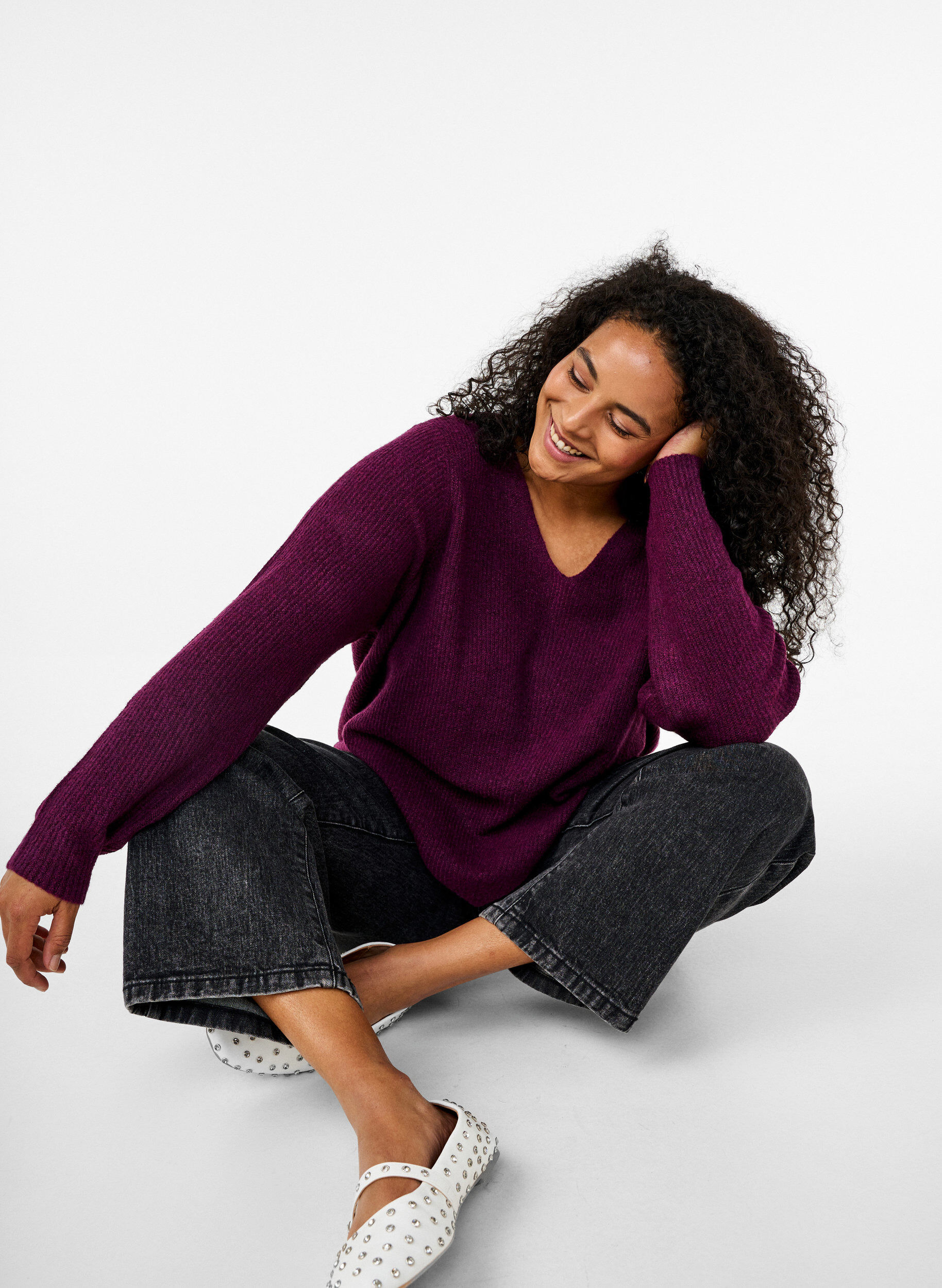 Zizzi Chemisier en maille &agrave; col en V et &agrave; manches longues, Potent P. Black Mel., Image image number 0