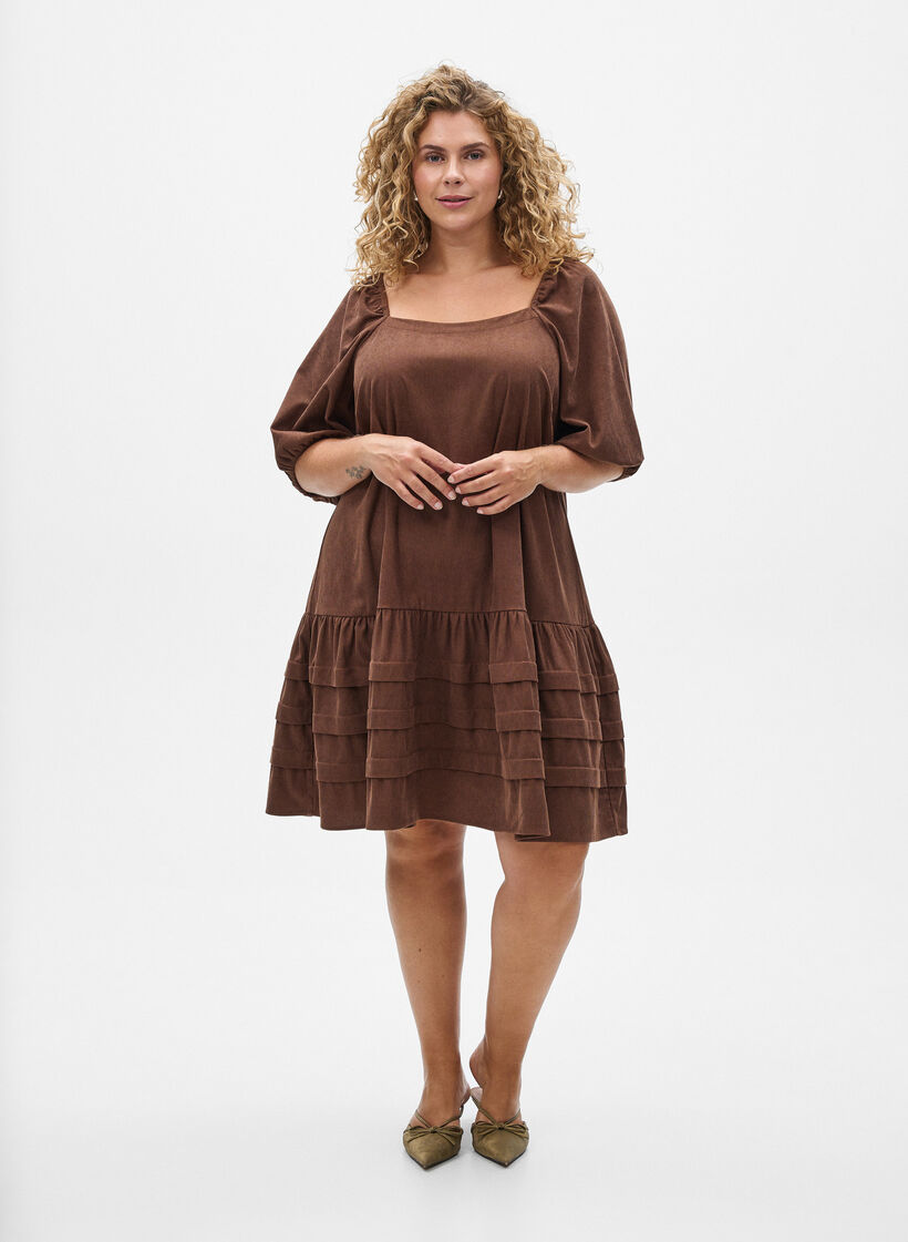 Robe courte en velours côtelé avec décolleté carré, Marron, Model image number 1