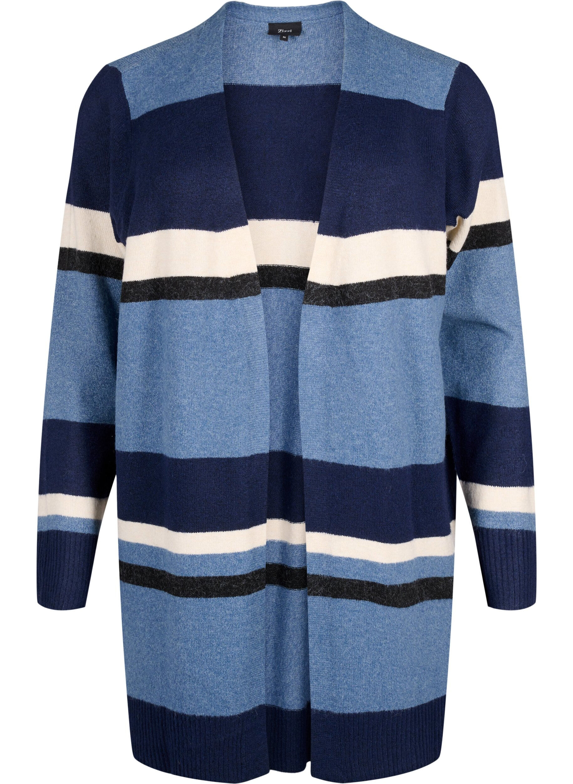 Zizzi Cardigan long en tricot avec rayures larges, Bleu, Packshot image number 0