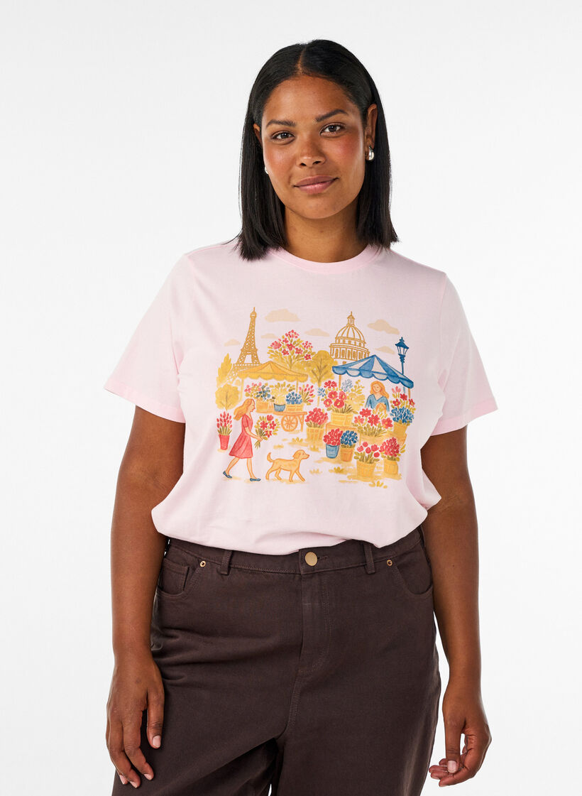 T-shirt en coton bio avec imprim&eacute; sur le devant, Rose, Model image number 0