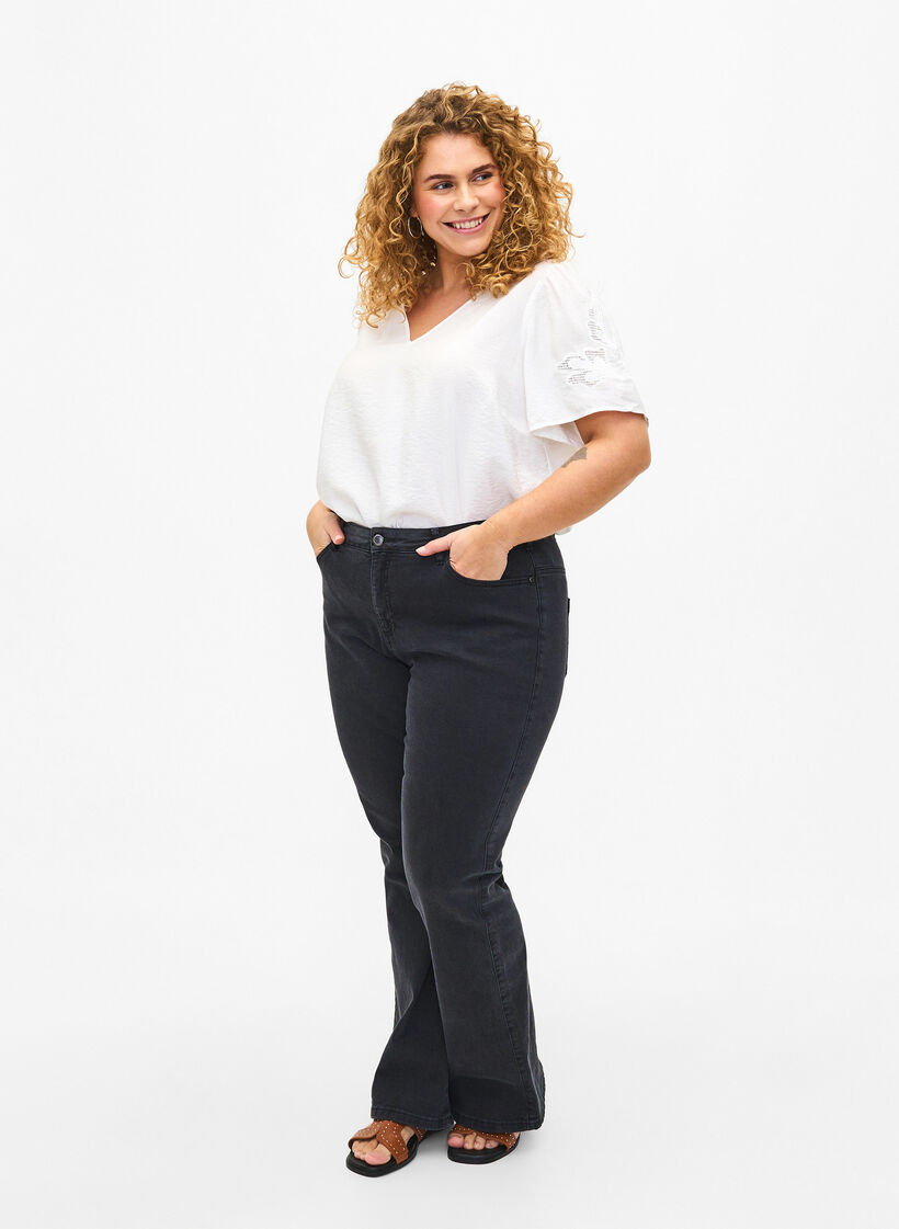 Chemisier à manches courtes en viscose avec broderie, Blanc, Model image number 1