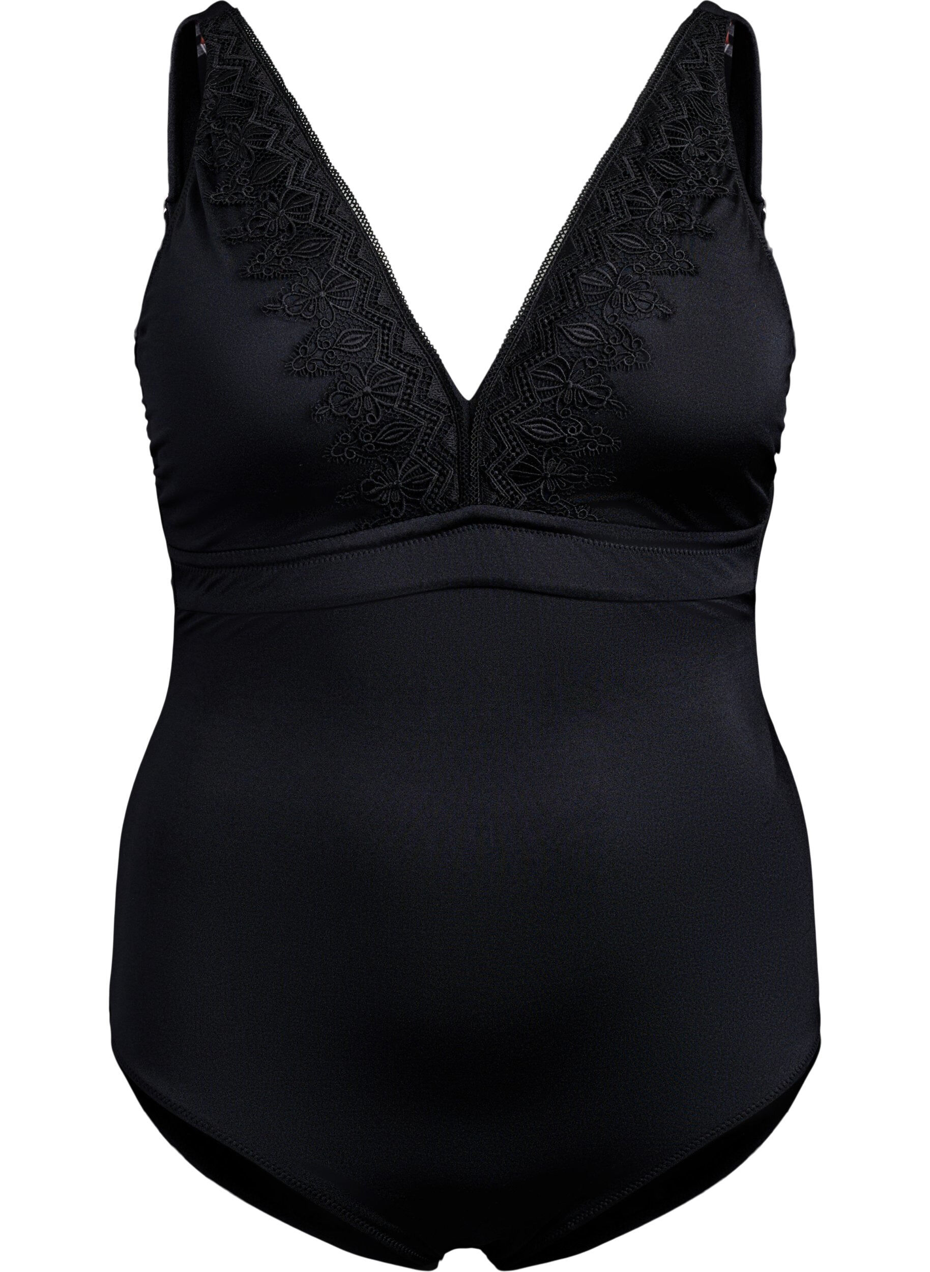 Zizzi Maillot de bain avec col en V et broderie, Black, Packshot image number 0
