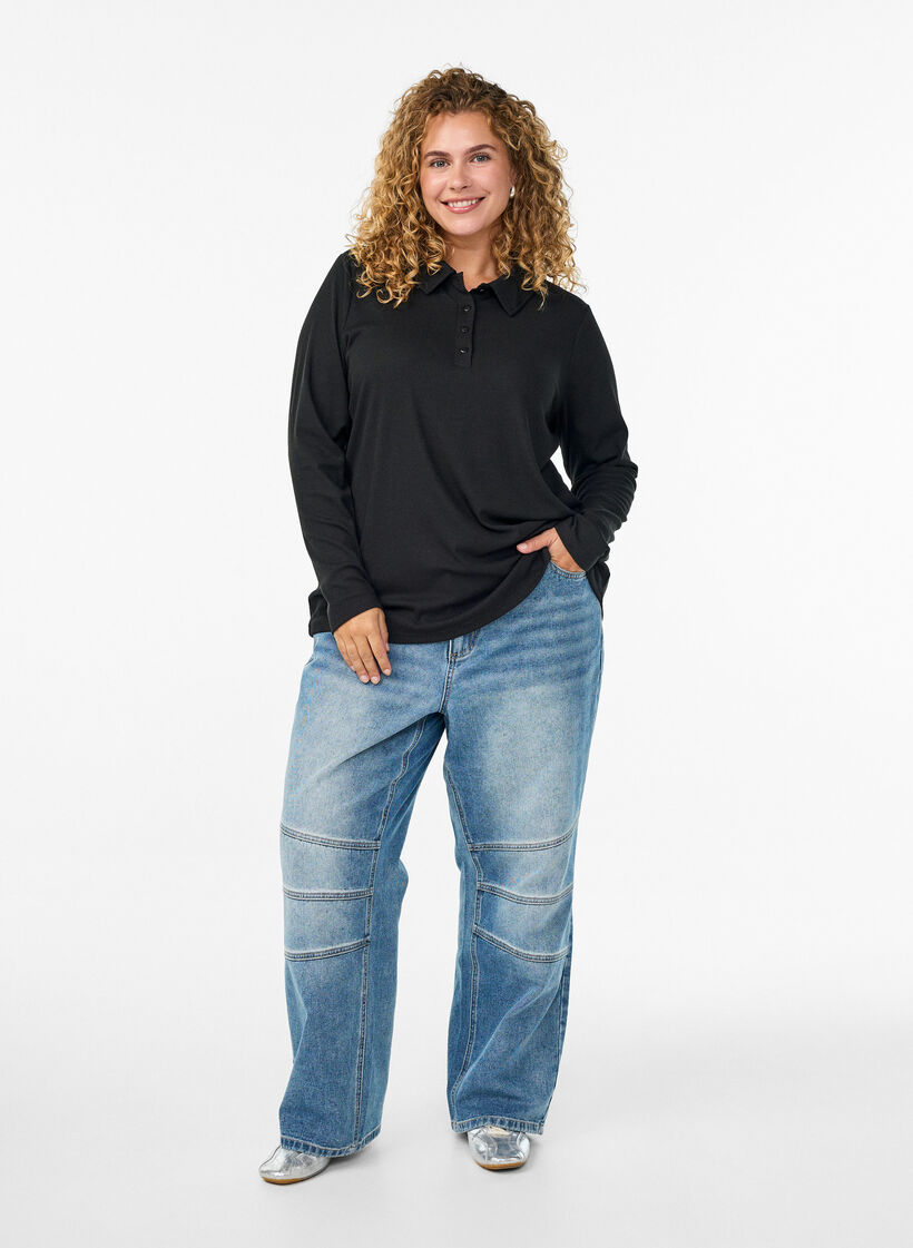 Polo à manches longues en maille côtelée extensible, Noir, Model image number 1