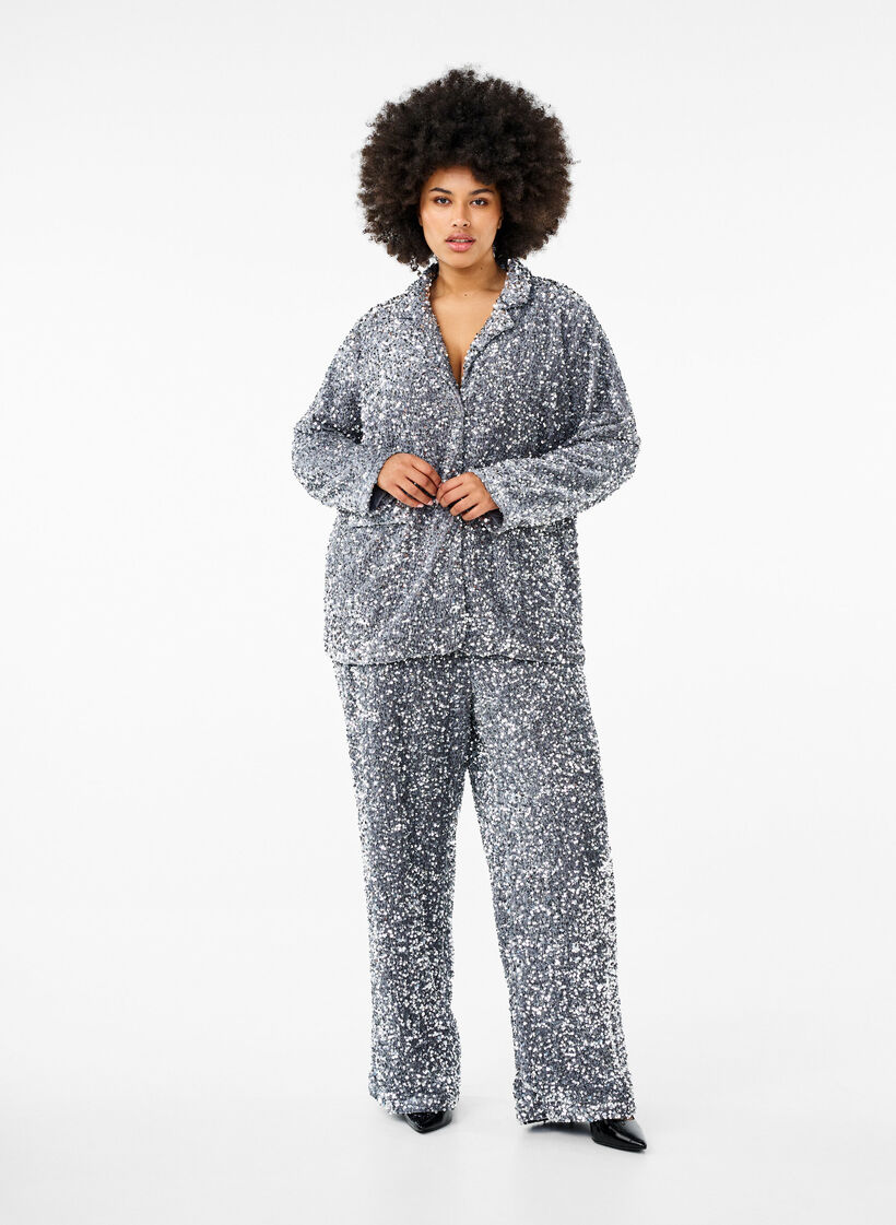 Pantalon ample à paillettes taille haute, Silver, Model image number 0