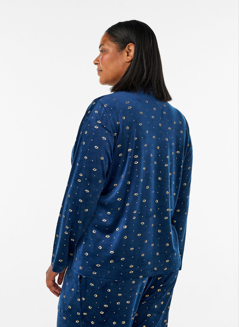 Chemise de pyjama en velours avec un imprim&eacute; int&eacute;gral, Bleu, Model image number 2
