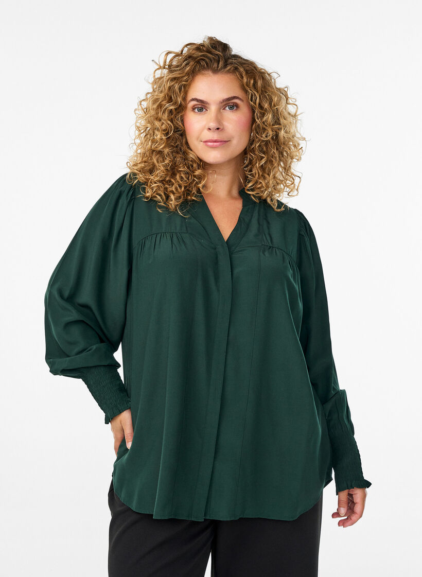 Blouse avec col à volants et fronces, Vert foncé, Model image number 0