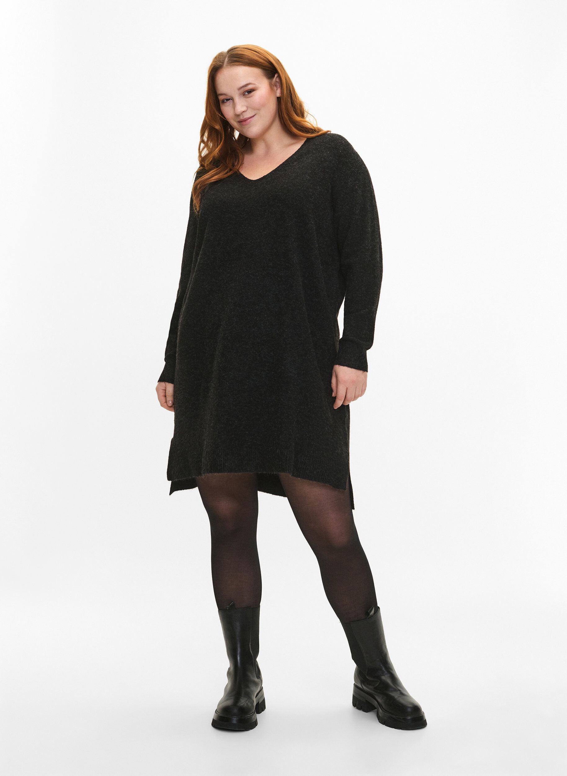 Zizzi Robe en tricot avec fente, Dark Grey Melange, Model image number 2