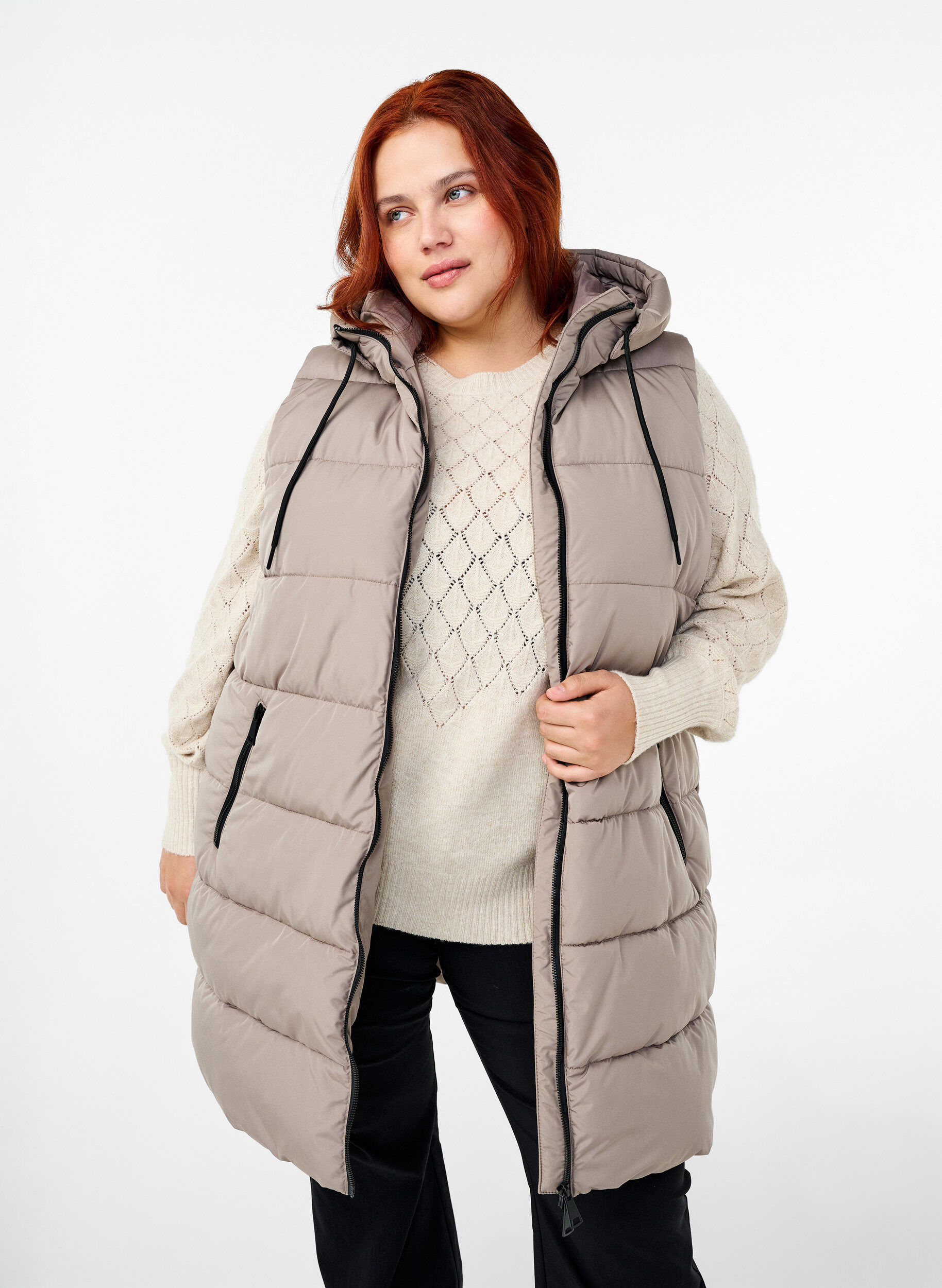 Zizzi Veste longue avec capuche et poches, Beige, Model image number 0