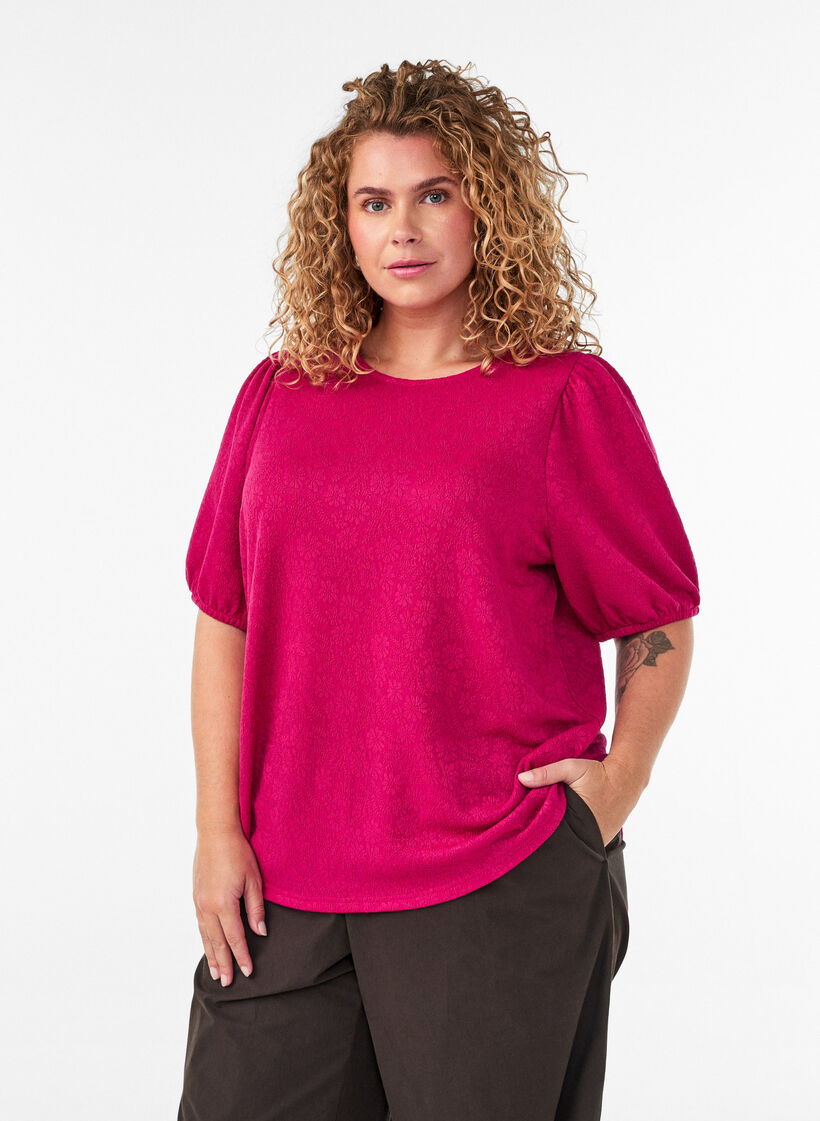 Blouse textur&eacute;e &agrave; manches courtes, Rose, Model image number 0