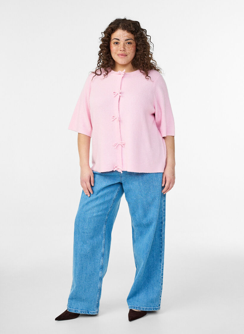 Cardigan en maille &agrave; manches courtes avec des n&oelig;uds, Rose, Model image number 1
