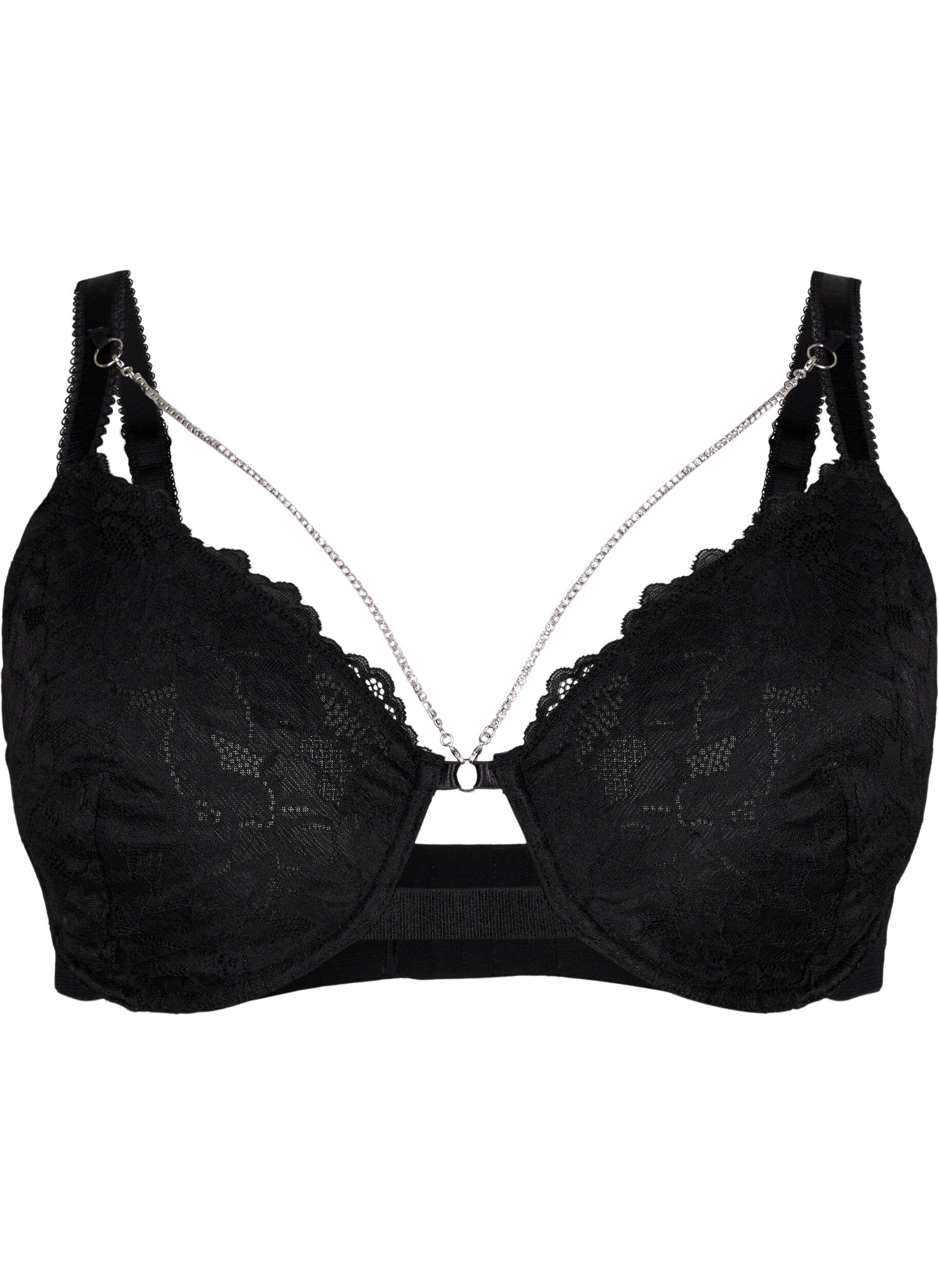 Zizzi Soutien-gorge couvrant en dentelle avec d&eacute;tail cha&icirc;ne, Black, Packshot image number 0