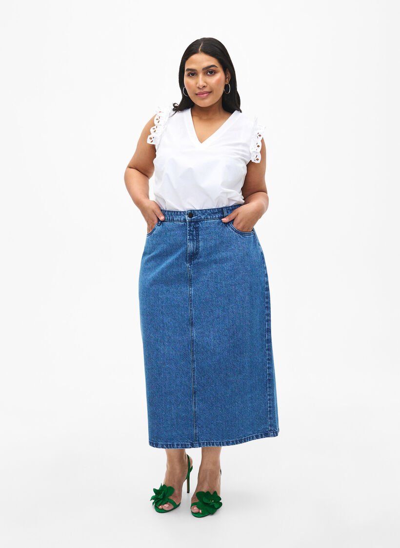 Top en coton sans manches avec volants, Blanc, Model image number 1