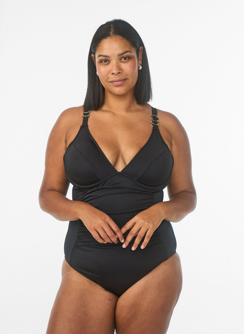 Maillot de bain avec d&eacute;collet&eacute; en V et d&eacute;tail anneau, Noir, Model image number 0