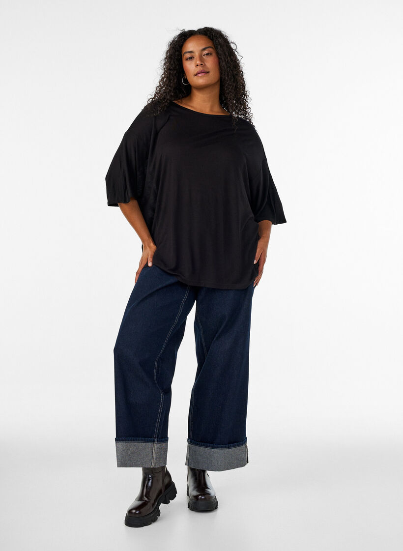 T-shirt ample en jersey de viscose, Noir, Model image number 1