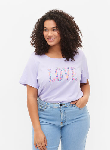 T-shirt en coton à col rond et imprimé, Lavender W. Love, Model image number 0
