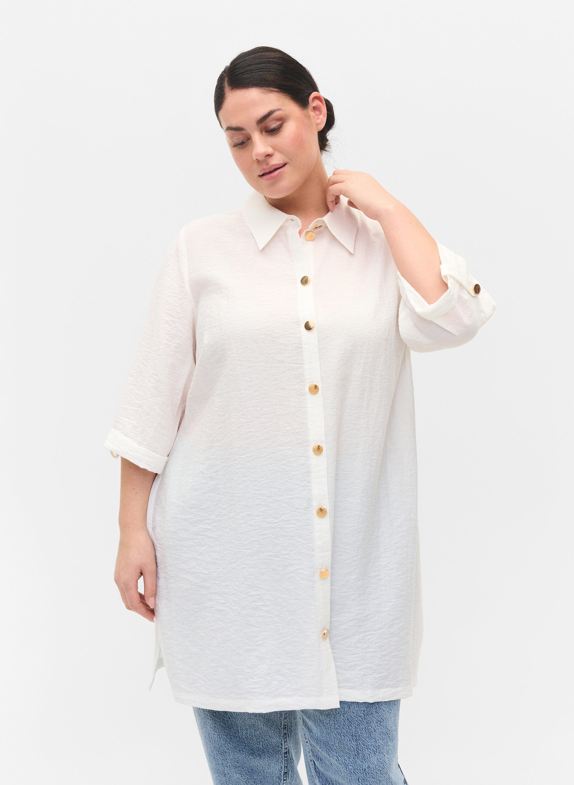 Zizzi Chemise longue &agrave; manches 3/4, Bright White, Model image number 0