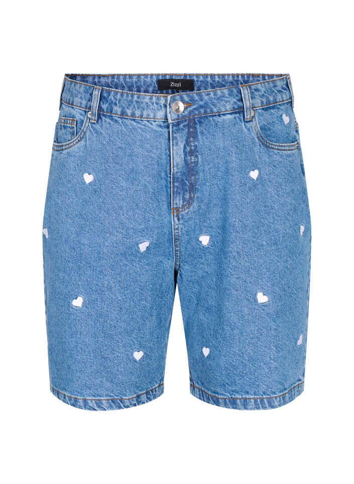 Shorts en jean taille haute ornés de cœurs brodés, Bleu Clair, Packshot image number 0