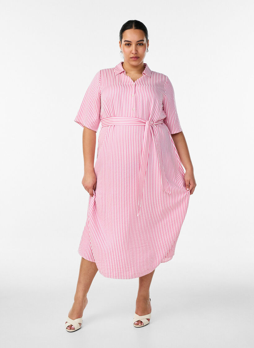 Robe-chemise longue jusqu&rsquo;aux chevilles avec ceinture &agrave; nouer et rayures, Rose, Model image number 0