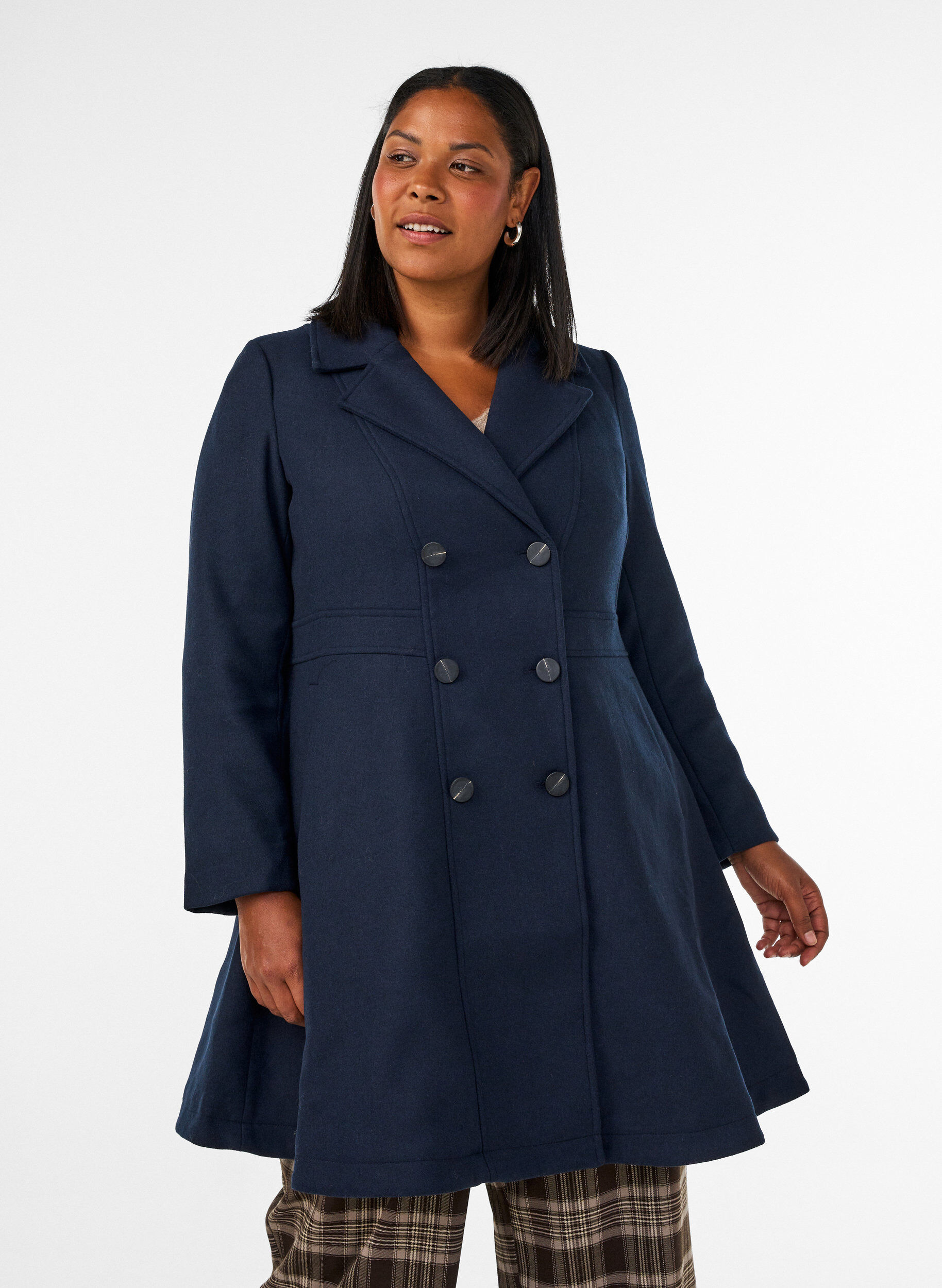 Manteau en laine coupe A avec poches, Bleu, Model