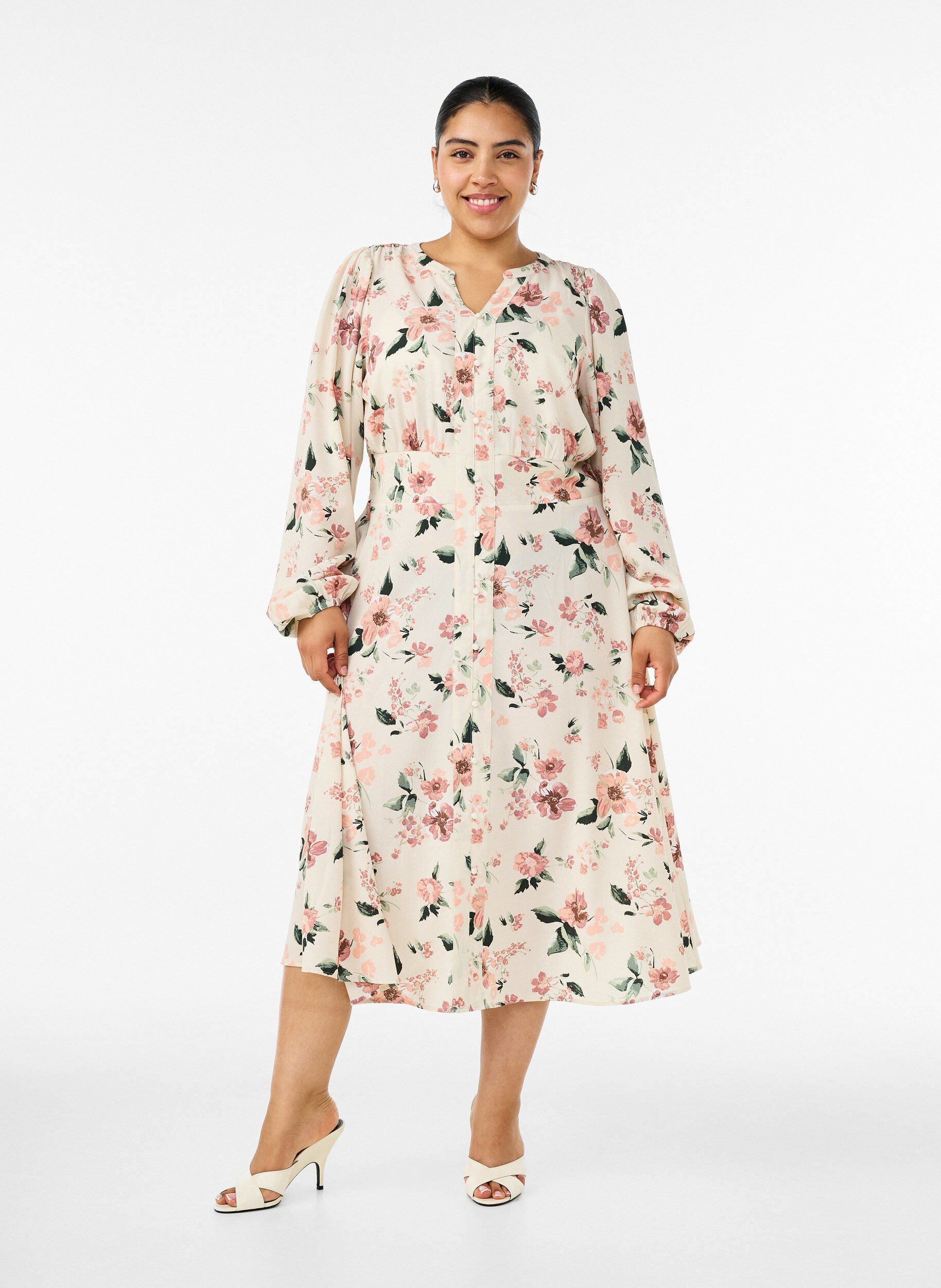 ZizziRobe midi avec smocks et boutons d&eacute;coratifs, Beige, Model image number 0