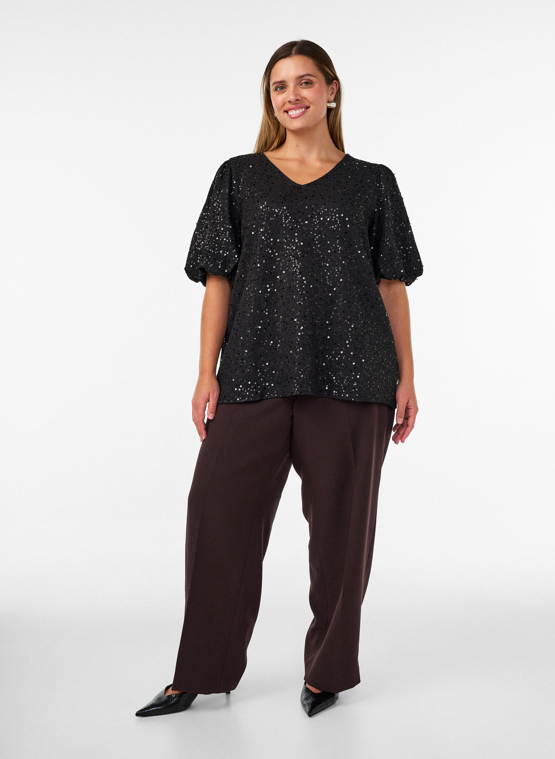 ZizziBlouse &agrave; sequins avec manches ballon, Noir, Model image number 1