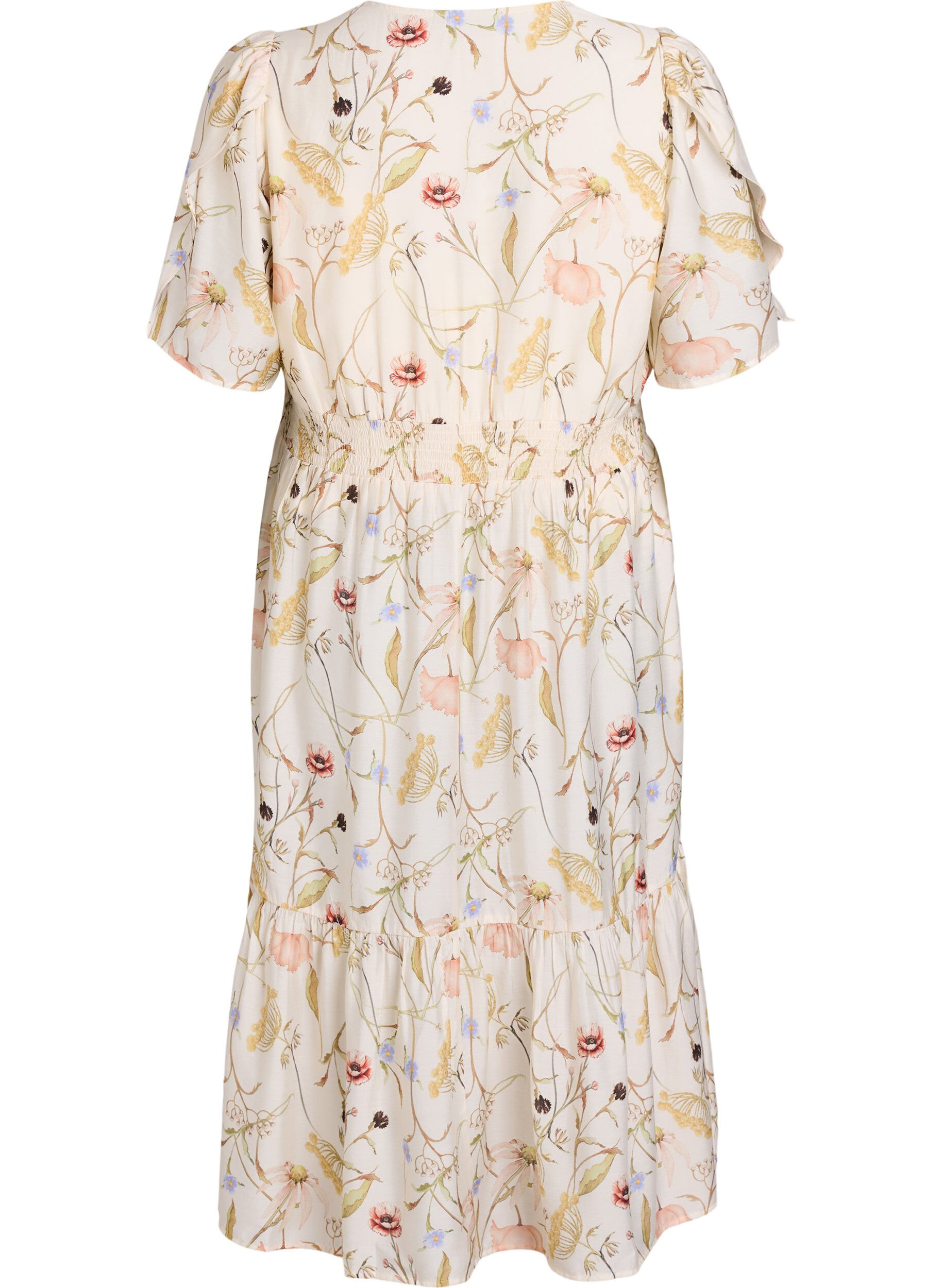 ZizziRobe mi-longue &agrave; fleurs avec une forme trap&egrave;ze, Beige, Packshot image number 1