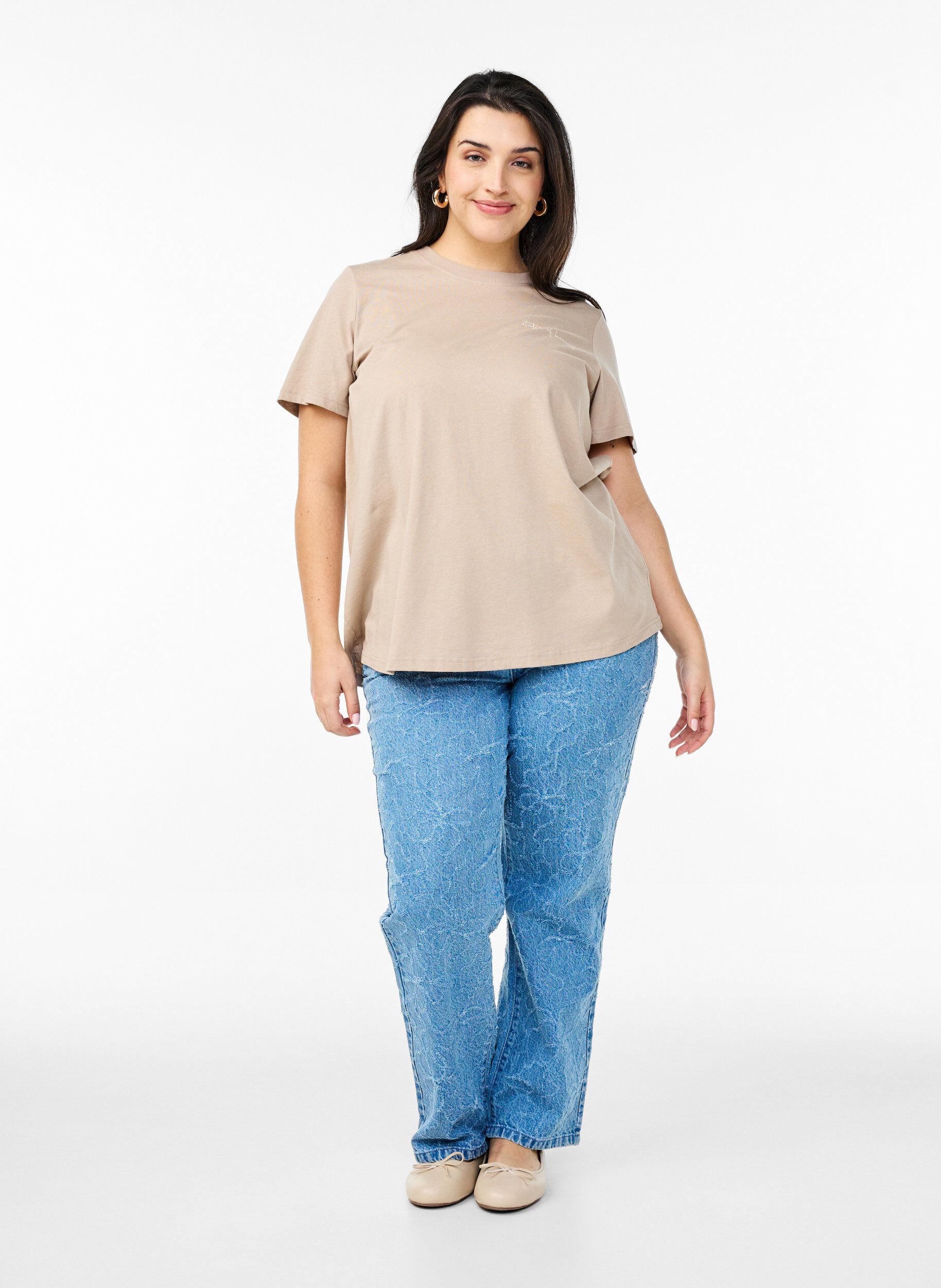 ZizziT-shirt avec imprim&eacute; de texte et col rond, Marron, Model image number 1