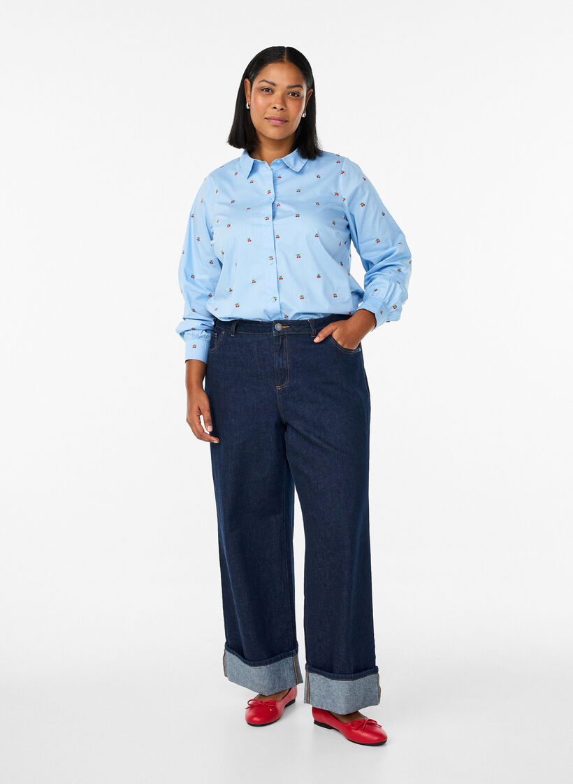 Chemise avec cerises brodées, Bleu Clair, Model image number 1