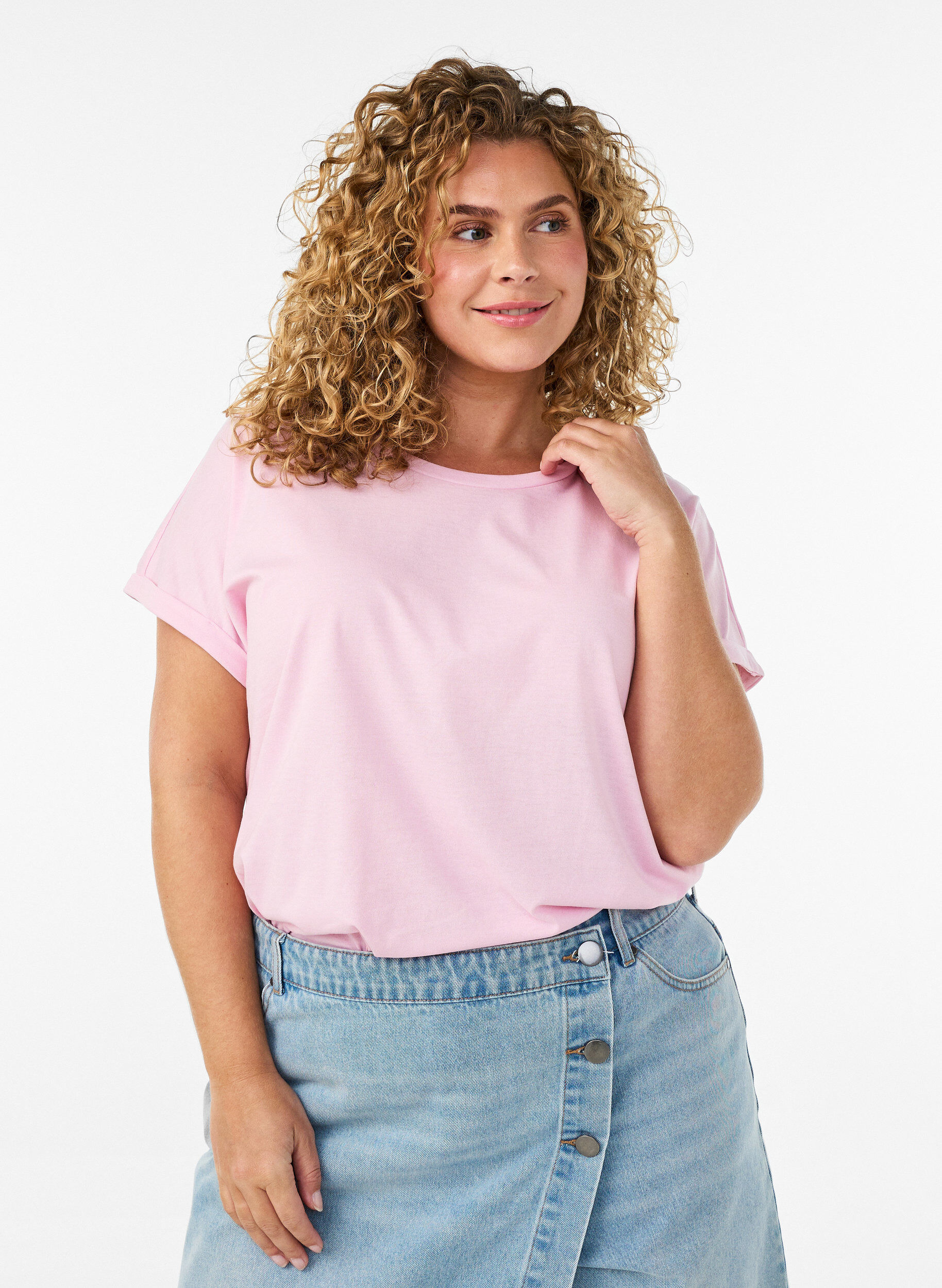 T-shirt &agrave; manches courtes en coton m&eacute;lang&eacute;, Rose, Model